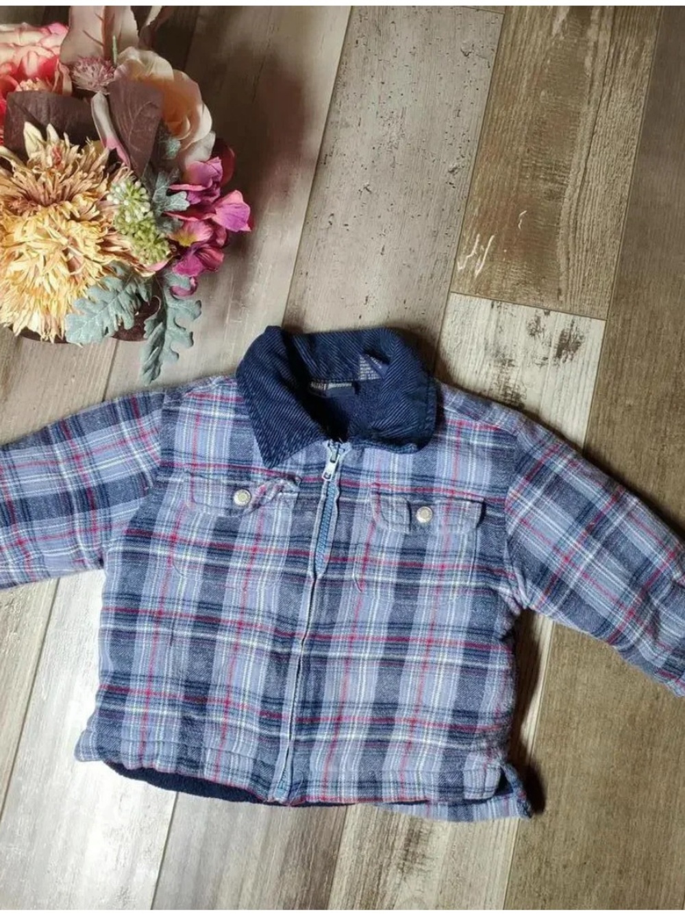 Faded Glory Flannel Corduroy Jacket Baby Boy Jacket Size 12m Blue and Red Plaid